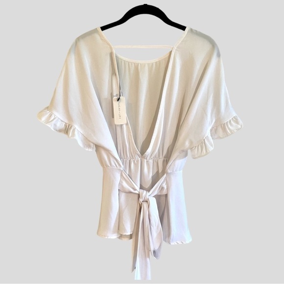 SUGAR LIPS, NWT, WHITE, OPEN BACK BLOUSE WITH GATHERED WAIST & TIE SASH. SIZE S - Picture 5 of 8